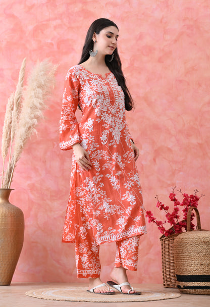 Hand Embroidered Chikankari Mulmul Plazo Set – Floral Delight Orange