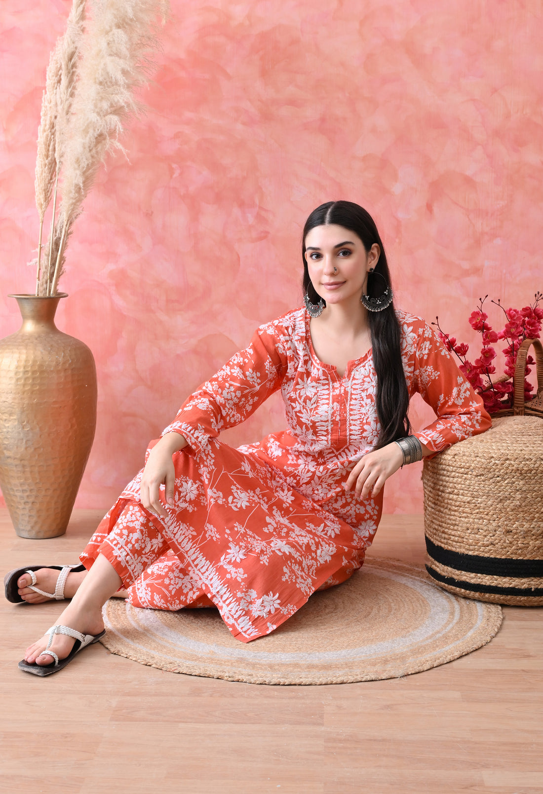 Hand Embroidered Chikankari Mulmul Plazo Set – Floral Delight Orange