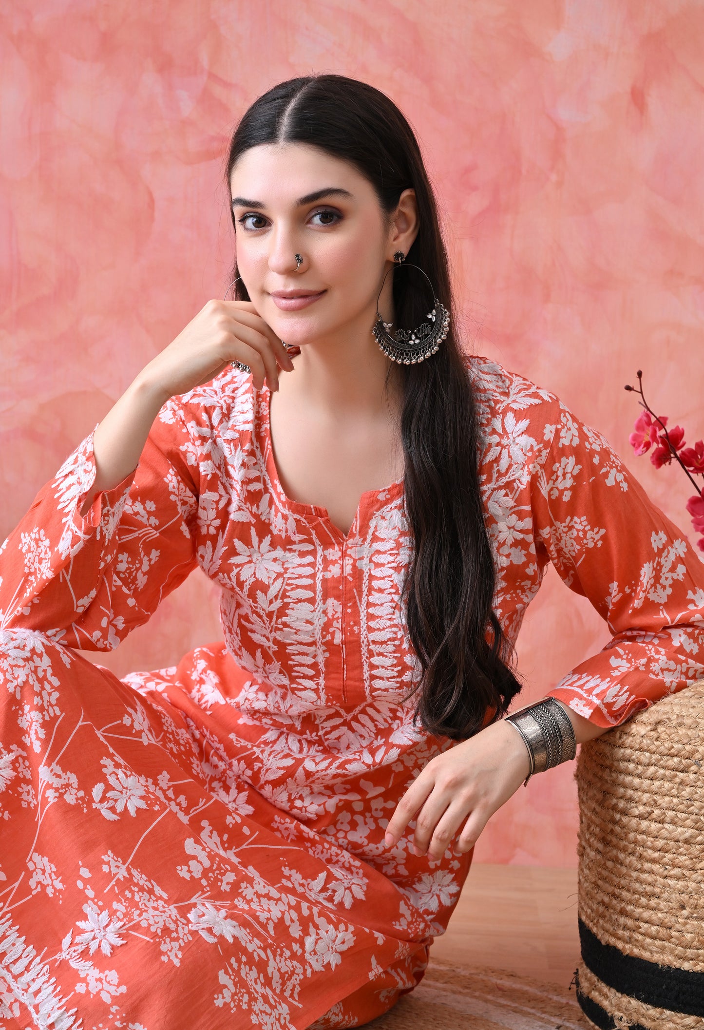 Hand Embroidered Chikankari Mulmul Plazo Set – Floral Delight Orange