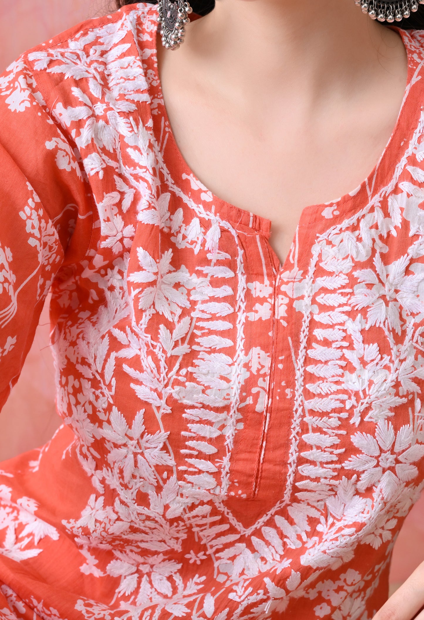 Hand Embroidered Chikankari Mulmul Plazo Set – Floral Delight Orange