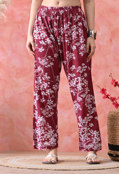 Hand Embroidered Chikankari Mulmul Plazo Set – Floral Delight Maroon