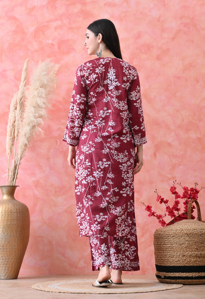 Hand Embroidered Chikankari Mulmul Plazo Set – Floral Delight Maroon