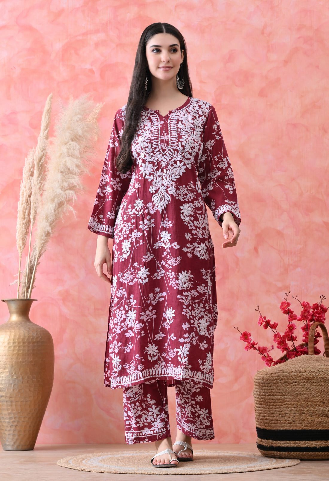 Hand Embroidered Chikankari Mulmul Plazo Set – Floral Delight Maroon