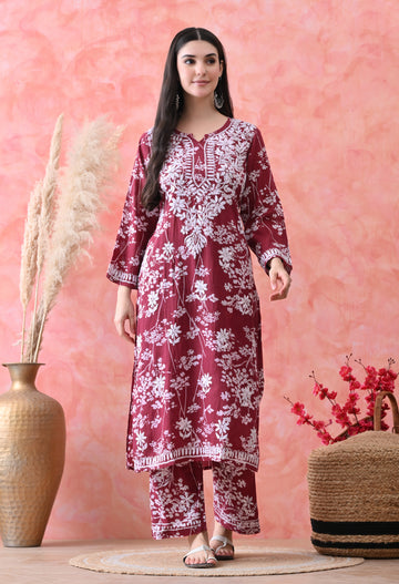 Hand Embroidered Chikankari Mulmul Palazzo Set – Maroon & White