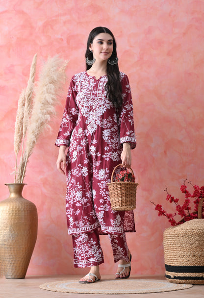 Hand Embroidered Chikankari Mulmul Plazo Set – Floral Delight Maroon