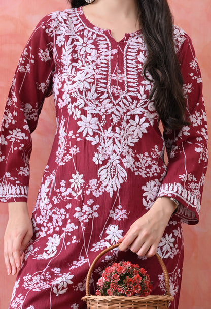 Hand Embroidered Chikankari Mulmul Plazo Set – Floral Delight Maroon