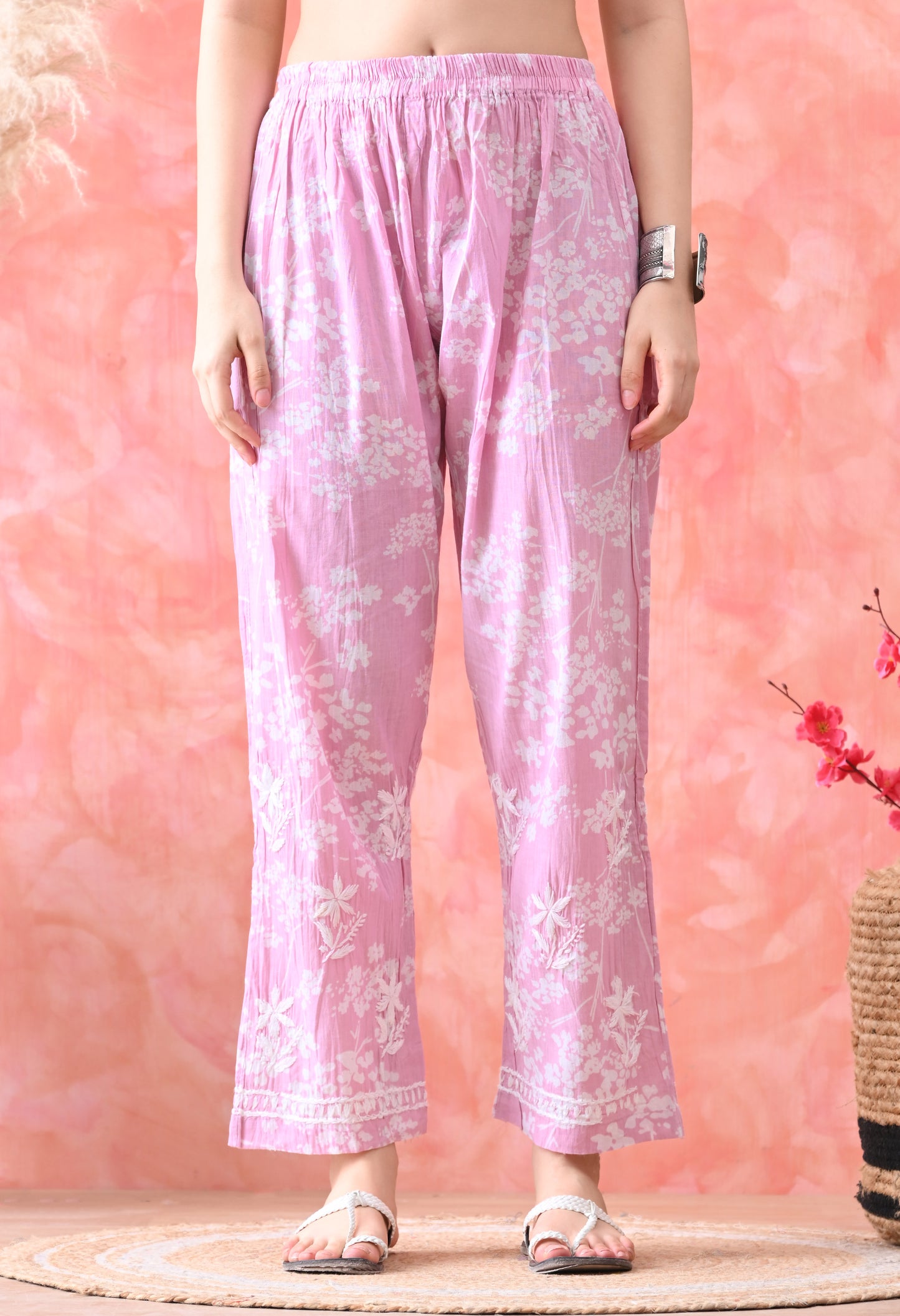 Hand Embroidered Chikankari Mulmul Plazo Set – Floral Pink Delight