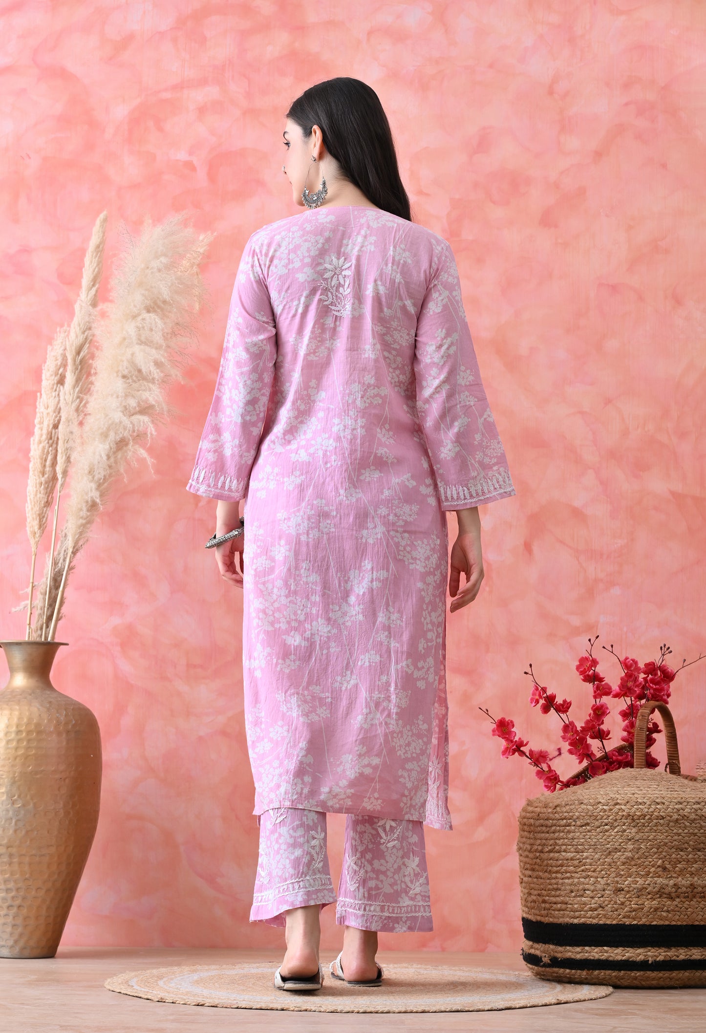 Hand Embroidered Chikankari Mulmul Plazo Set – Floral Pink Delight