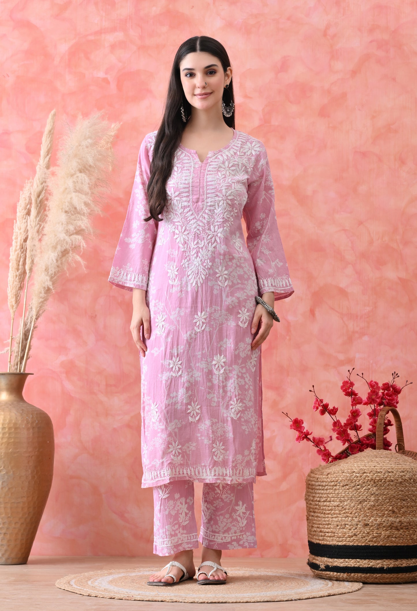 Hand Embroidered Chikankari Mulmul Plazo Set – Floral Pink Delight