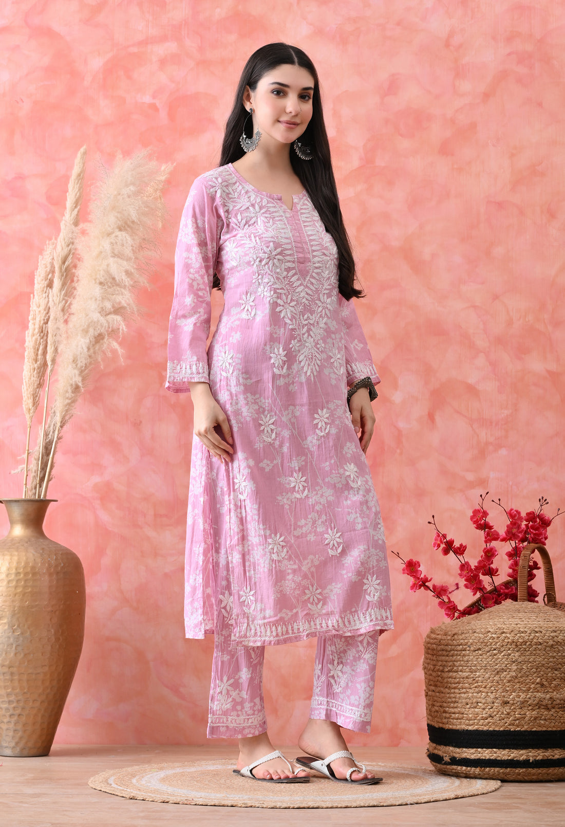 Hand Embroidered Chikankari Mulmul Plazo Set – Floral Pink Delight