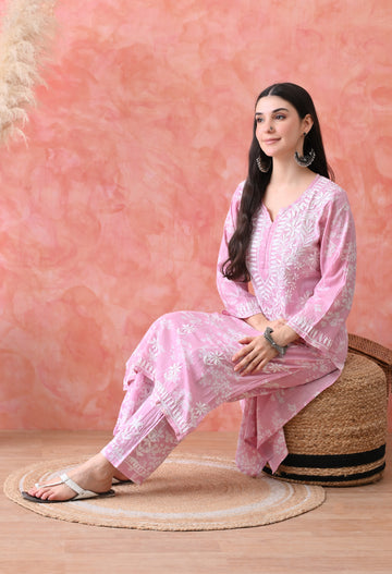 Hand Embroidered Chikankari Mulmul Plazo Set – Floral Pink Delight