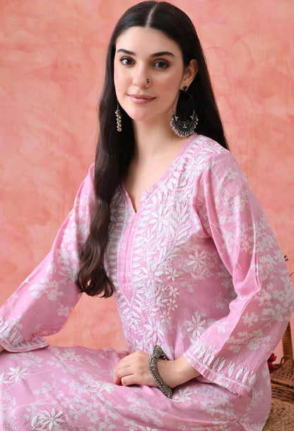 Hand Embroidered Chikankari Mulmul Plazo Set – Floral Pink Delight