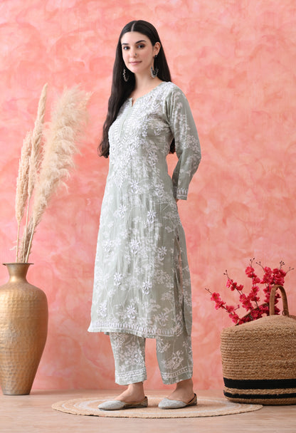 Hand Embroidered Chikankari Mulmul Plazo Set – Floral Light Green