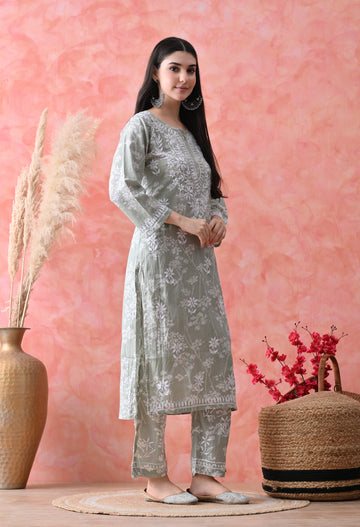 Hand Embroidered Chikankari Mulmul Plazo Set – Floral Light Green