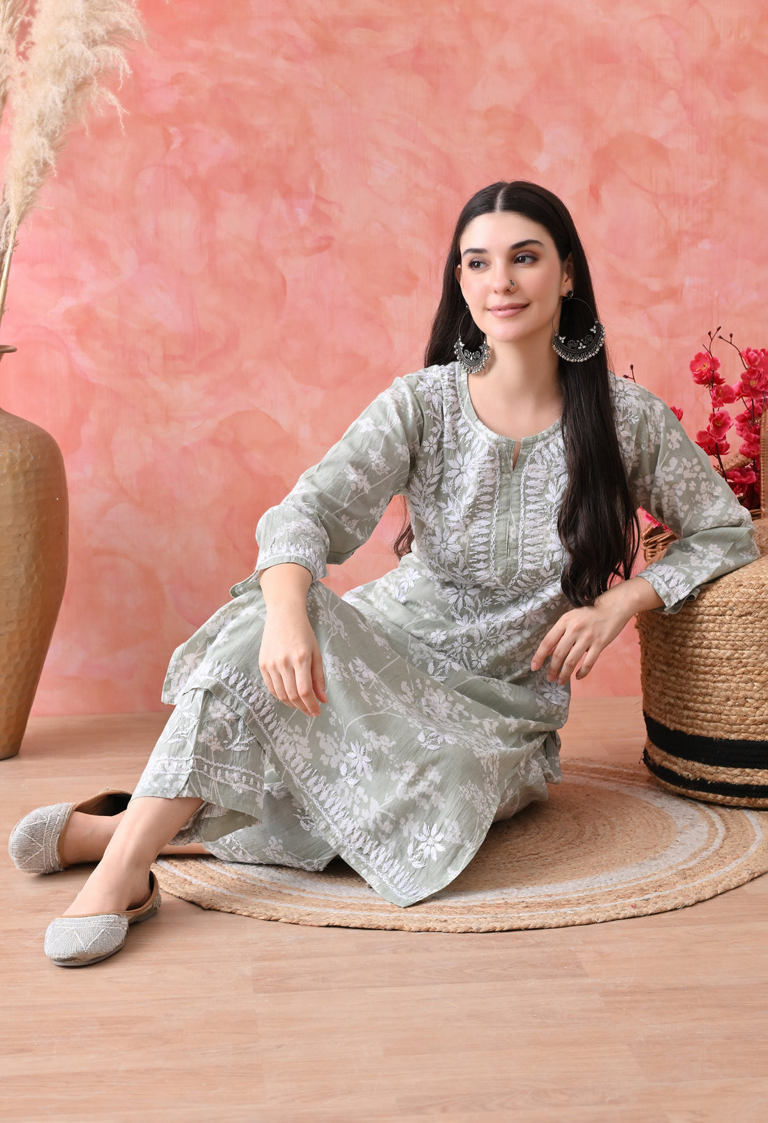 Hand Embroidered Chikankari Mulmul Plazo Set – Floral Light Green