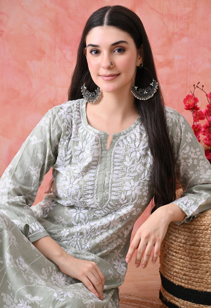 Hand Embroidered Chikankari Mulmul Plazo Set – Floral Light Green