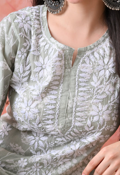 Hand Embroidered Chikankari Mulmul Plazo Set – Floral Light Green