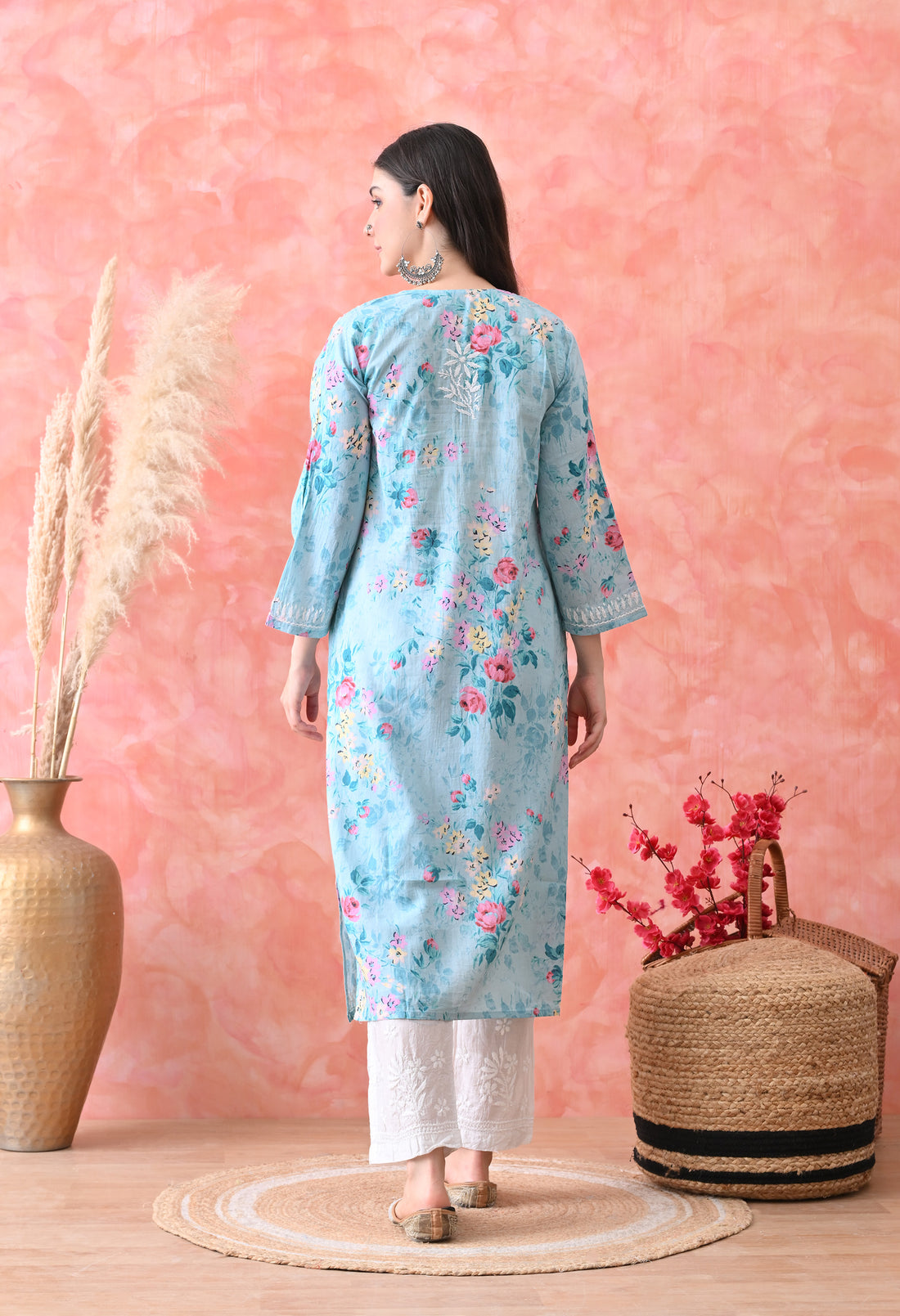 Floral Print Mulmul Pure Cotton Lucknow Chikankari Kurta - Blue, White & Red