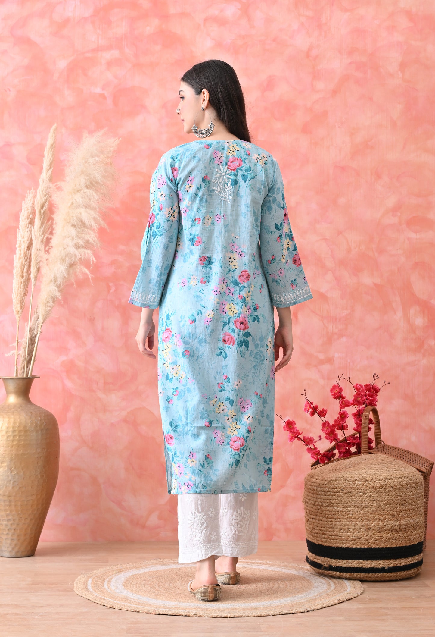 Floral Print Mulmul Pure Cotton Lucknow Chikankari Kurta - Blue