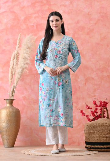 Floral Print Mulmul Pure Cotton Lucknow Chikankari Kurta - Blue, White & Red