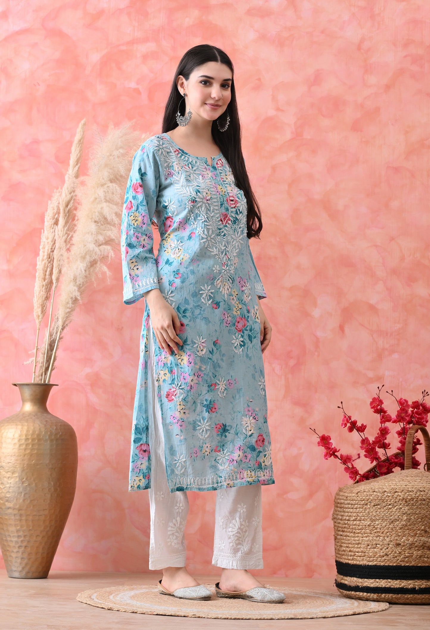 Floral Print Mulmul Pure Cotton Lucknow Chikankari Kurta - Blue