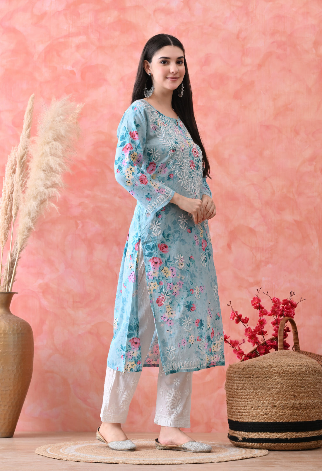 Floral Print Mulmul Pure Cotton Lucknow Chikankari Kurta - Blue
