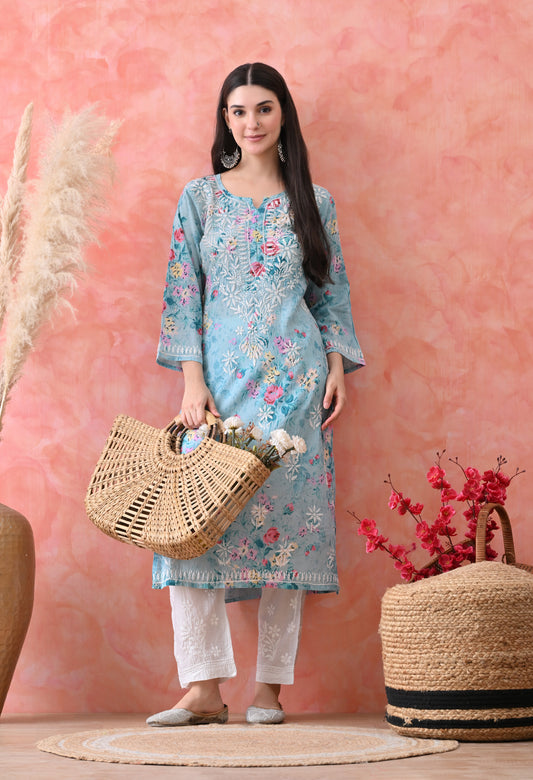 Floral Print Mulmul Pure Cotton Lucknow Chikankari Kurta - Blue