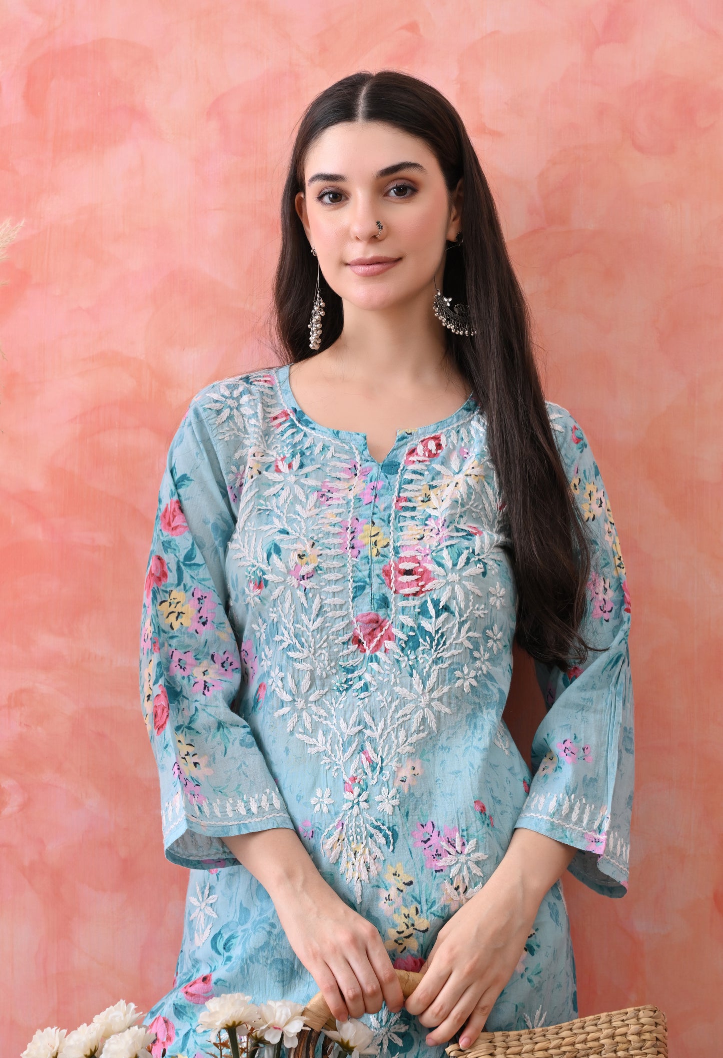 Floral Print Mulmul Pure Cotton Lucknow Chikankari Kurta - Blue