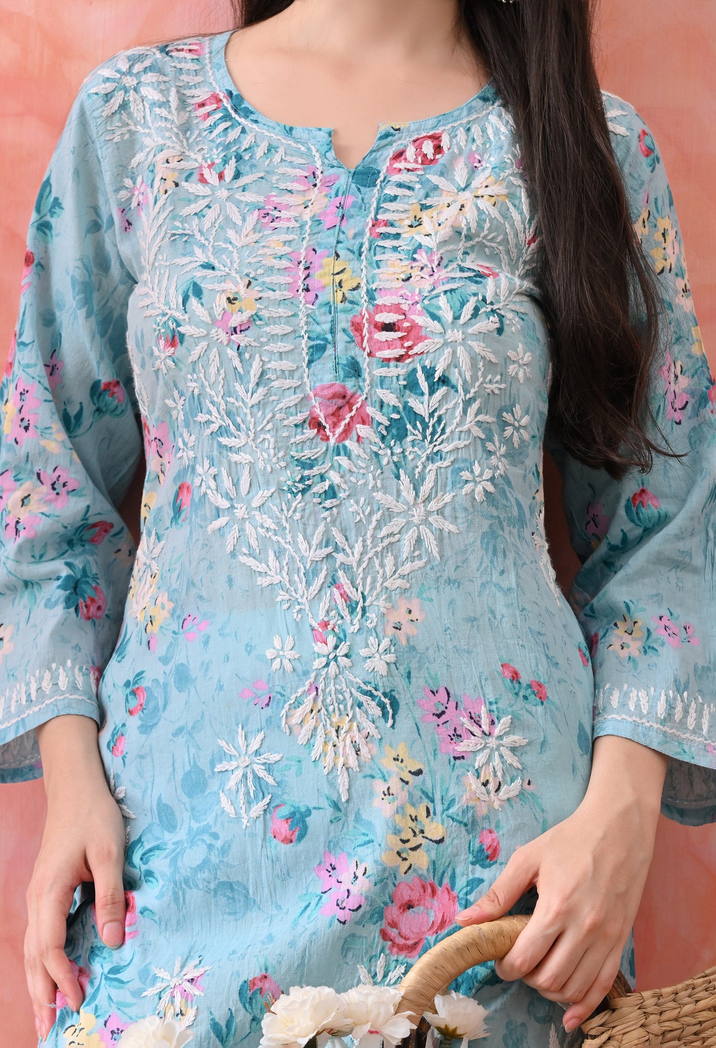 Floral Print Mulmul Pure Cotton Lucknow Chikankari Kurta - Blue