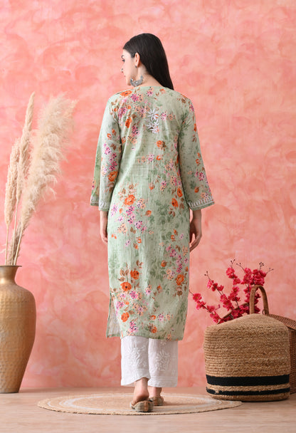 Floral Print Mulmul Pure Cotton Lucknow Chikankari Kurta - Light Green