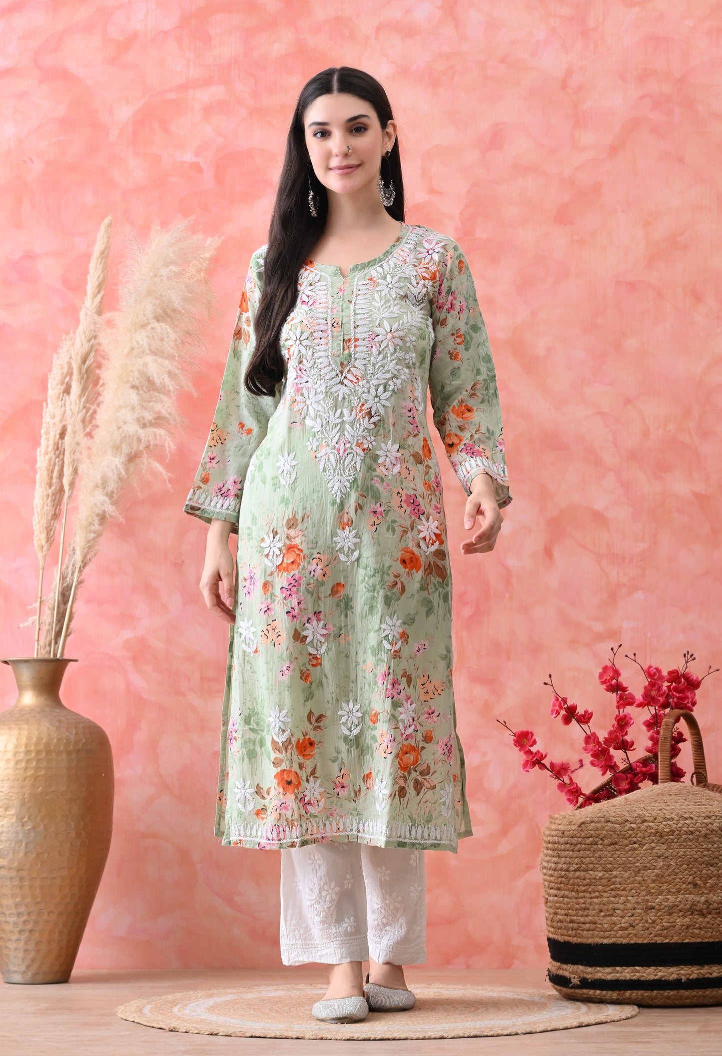 Floral Print Mulmul Pure Cotton Lucknow Chikankari Kurta - Light Green