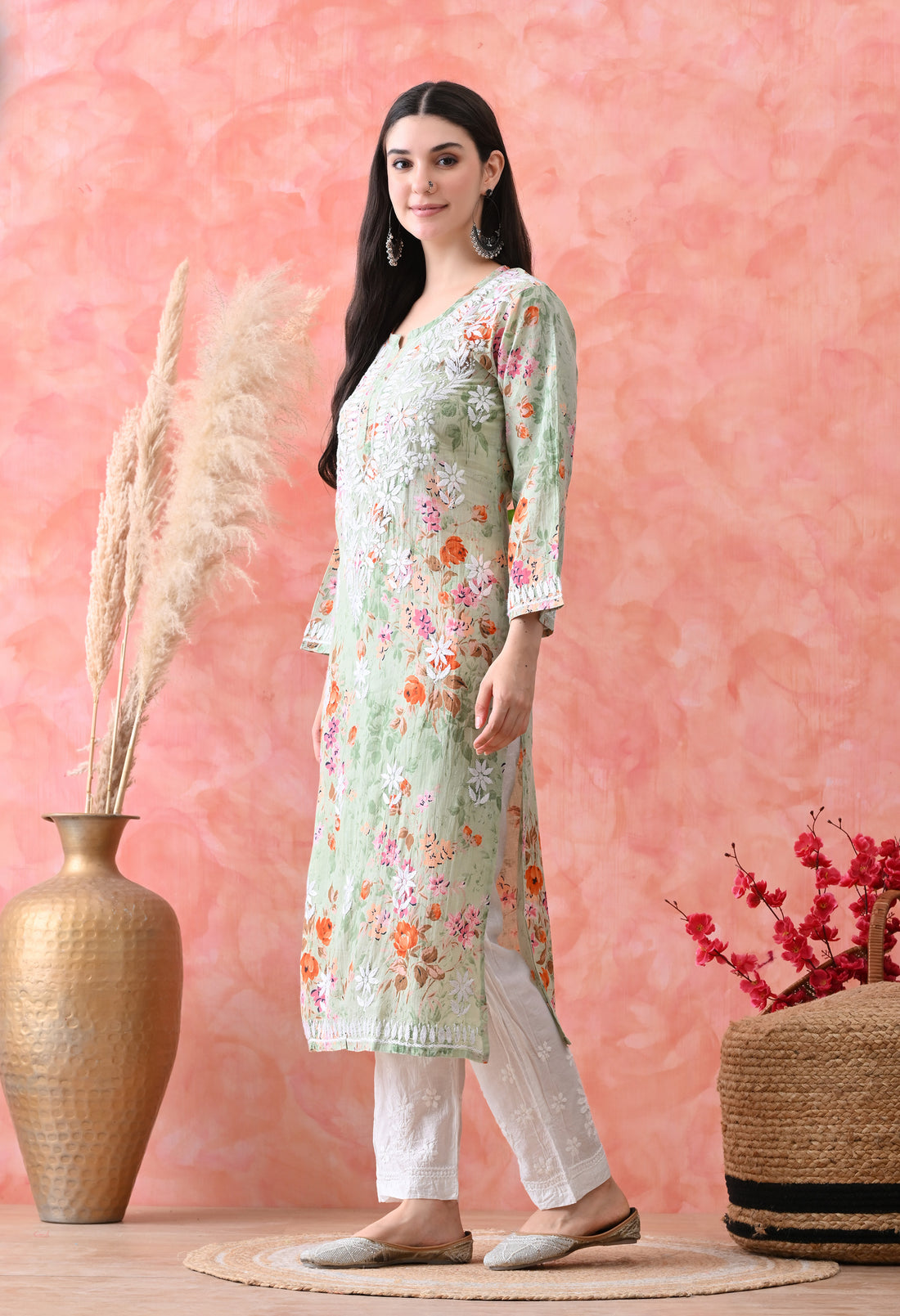 Floral Print Mulmul Pure Cotton Lucknow Chikankari Kurta - Light Green