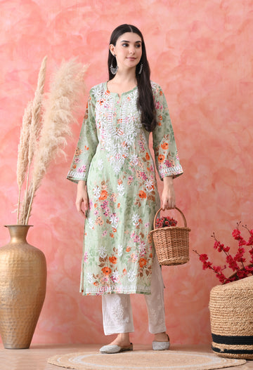 Floral Print Mulmul Pure Cotton Lucknow Chikankari Kurta - Light Green