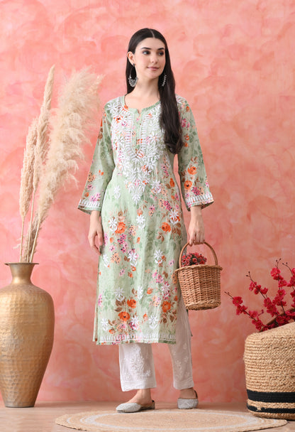 Floral Print Mulmul Pure Cotton Lucknow Chikankari Kurta - Light Green
