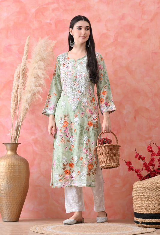 Floral Print Mulmul Pure Cotton Lucknow Chikankari Kurta - Light Green