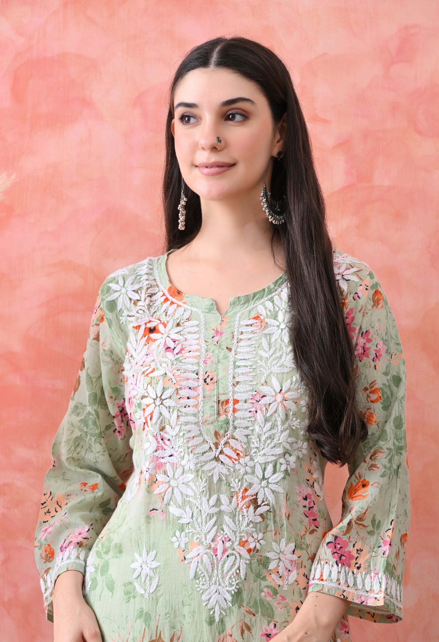 Floral Print Mulmul Pure Cotton Lucknow Chikankari Kurta - Light Green