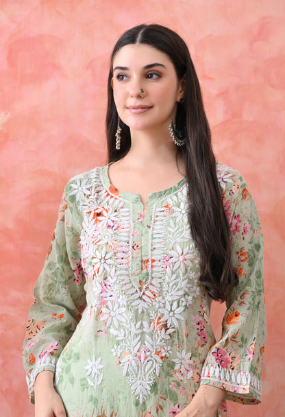 Floral Print Mulmul Pure Cotton Lucknow Chikankari Kurta - Light Green