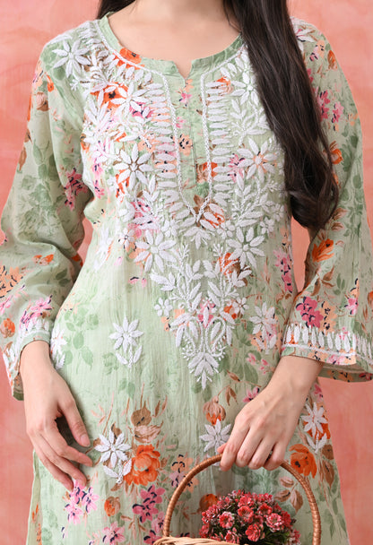 Floral Print Mulmul Pure Cotton Lucknow Chikankari Kurta - Light Green