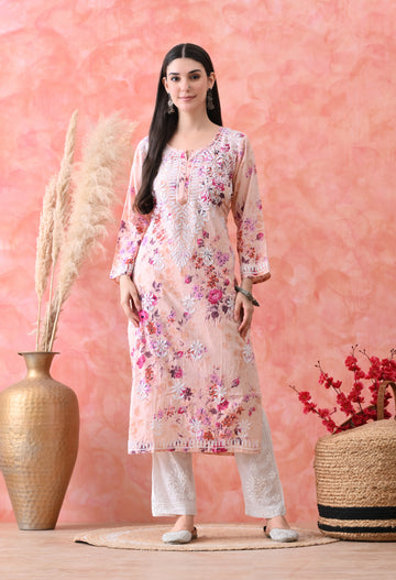 Floral Print Mulmul Pure Cotton Lucknow Chikankari Kurta - Light Orange