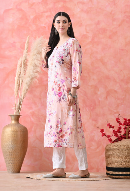 Floral Print Mulmul Pure Cotton Lucknow Chikankari Kurta - Light Orange
