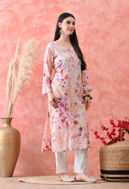 Floral Print Mulmul Pure Cotton Lucknow Chikankari Kurta - Light Orange