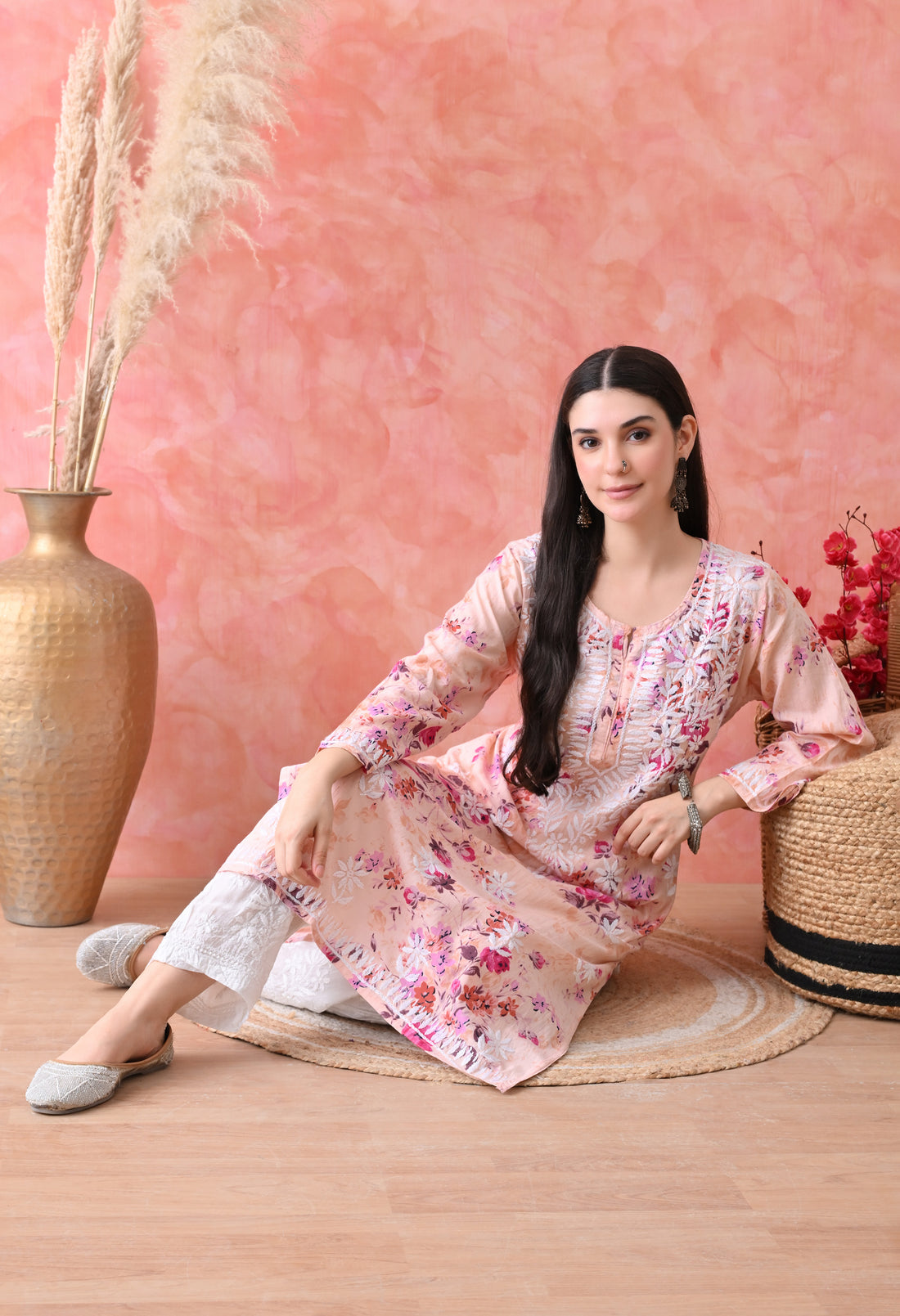 Floral Print Mulmul Pure Cotton Lucknow Chikankari Kurta - Light Orange