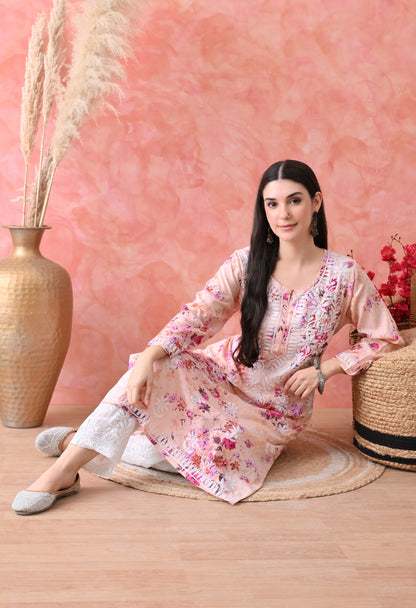 Floral Print Mulmul Pure Cotton Lucknow Chikankari Kurta - Light Orange