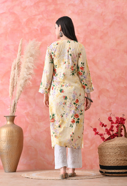 Floral Print Mulmul Pure Cotton Lucknow Chikankari Kurta - Lemon Yellow