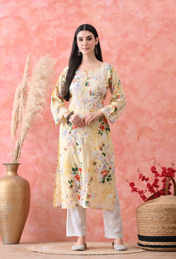 Floral Print Mulmul Pure Cotton Lucknow Chikankari Kurta - yellow and white
