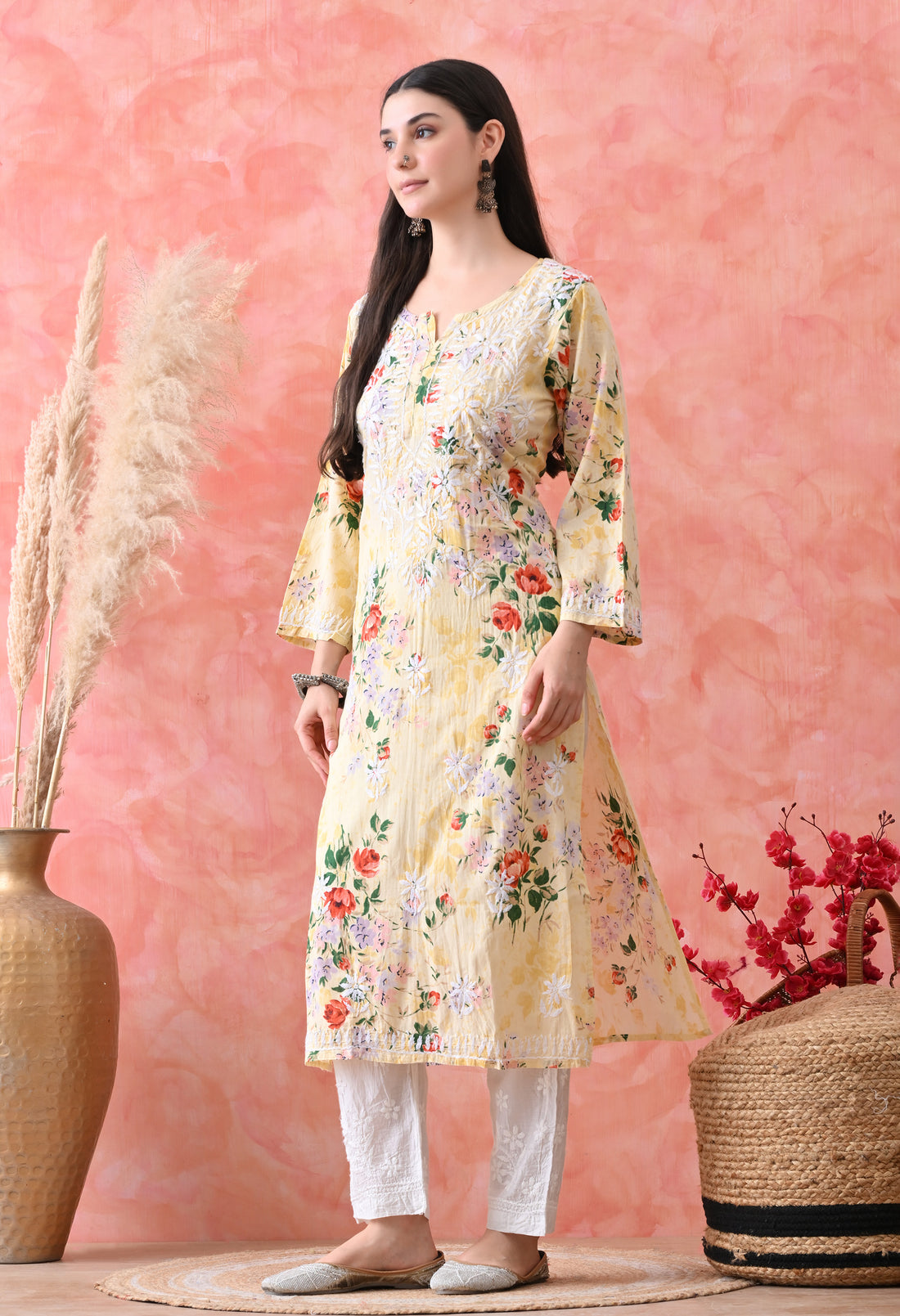 Floral Print Mulmul Pure Cotton Lucknow Chikankari Kurta - yellow and white
