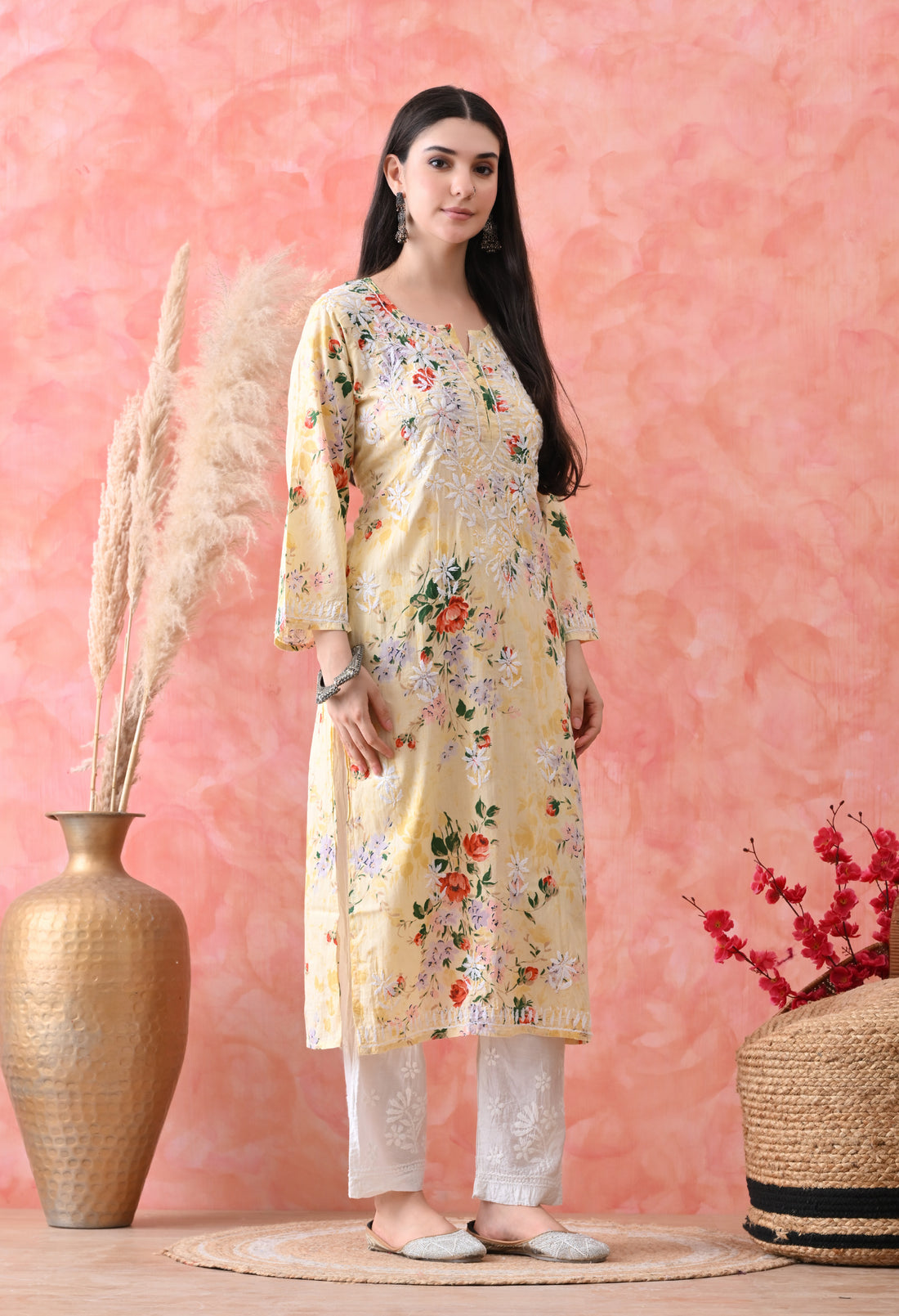 Floral Print Mulmul Pure Cotton Lucknow Chikankari Kurta - Lemon Yellow