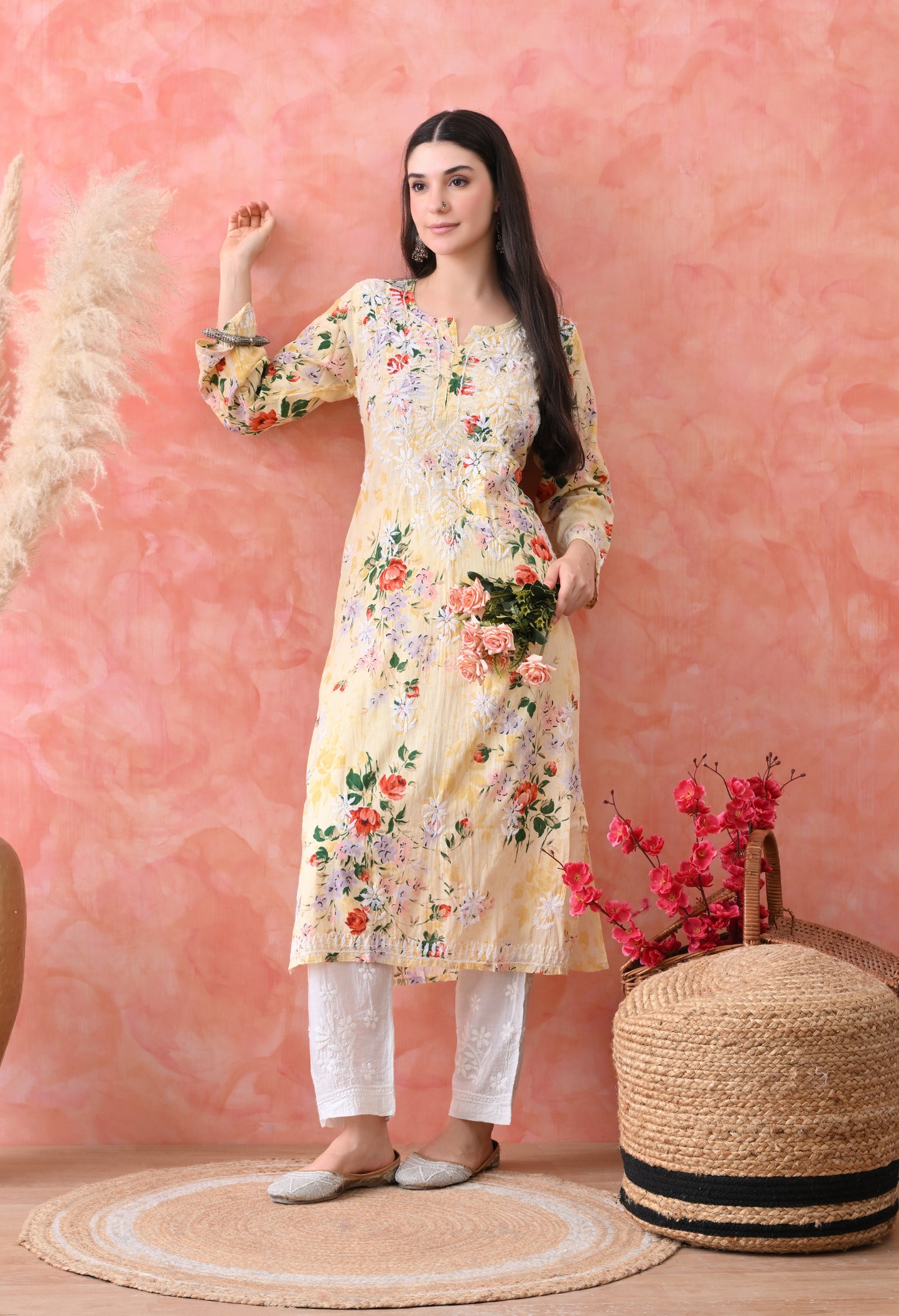 Floral Print Mulmul Pure Cotton Lucknow Chikankari Kurta - Lemon Yellow