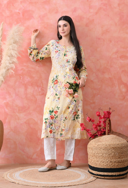 Floral Print Mulmul Pure Cotton Lucknow Chikankari Kurta - Lemon Yellow