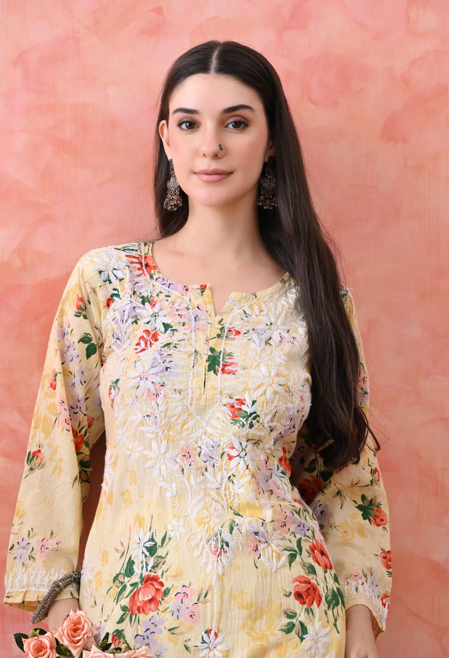 Floral Print Mulmul Pure Cotton Lucknow Chikankari Kurta - Lemon Yellow